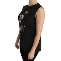 Dolce & Gabbana Black Silk DG Family Crystal Sleeveless Top