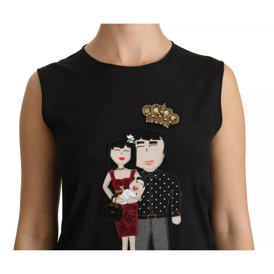 Dolce &amp; Gabbana Black Silk DG Family Crystal Sleeveless Top