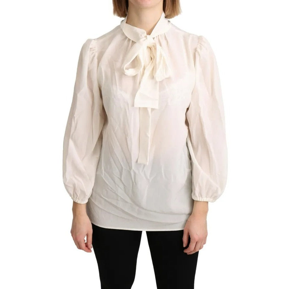 Dolce & Gabbana Off White Scarfneck Long Sleeves Blouse Silk Top