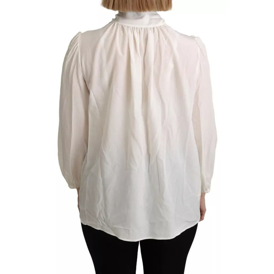 Dolce & Gabbana Off White Scarfneck Long Sleeves Blouse Silk Top