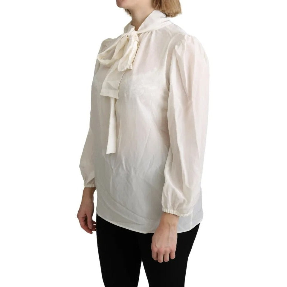 Dolce & Gabbana Off White Scarfneck Long Sleeves Blouse Silk Top