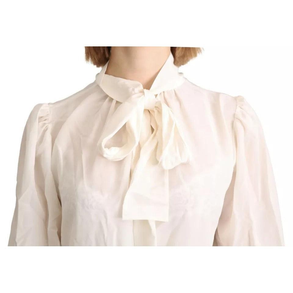 Dolce &amp; Gabbana Off White Scarfneck Long Sleeves Blouse Silk Top