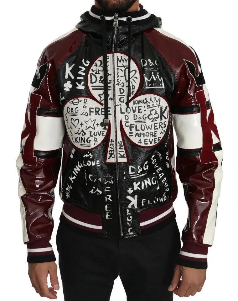 Dolce &amp; Gabbana Black Bordeaux Hooded Leather DG King of Love Jacket