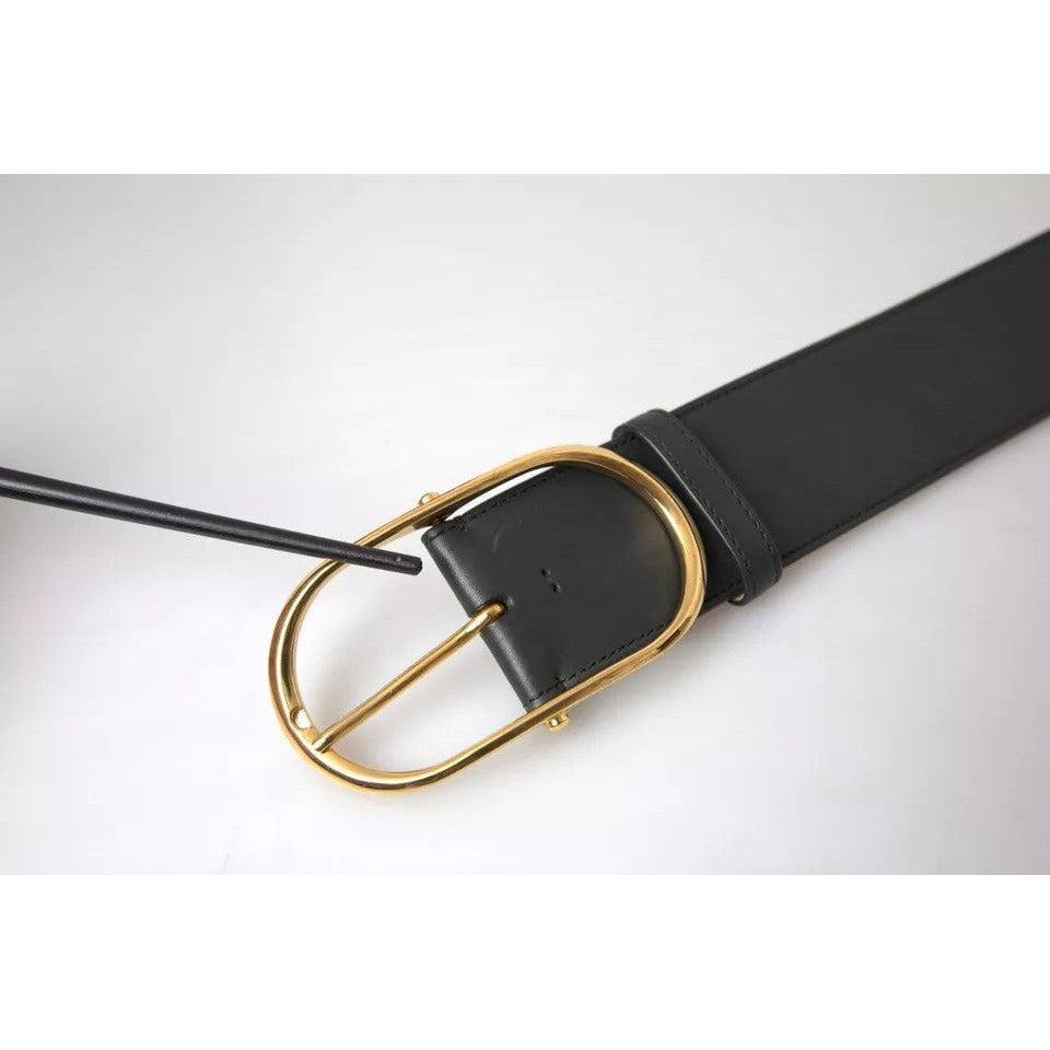 Dolce &amp; Gabbana Black Leather Gold Oval Metal Buckle Belt