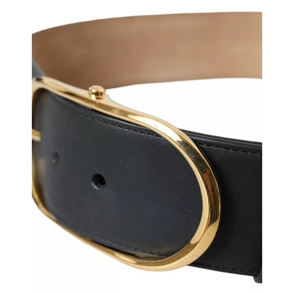 Dolce &amp; Gabbana Black Leather Gold Oval Metal Buckle Belt