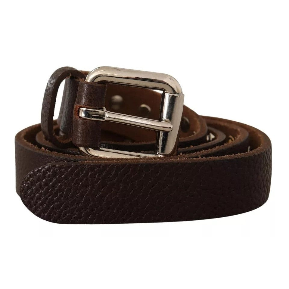 Dolce & Gabbana Brown Leather Studded Silver Metal Buckle Belt