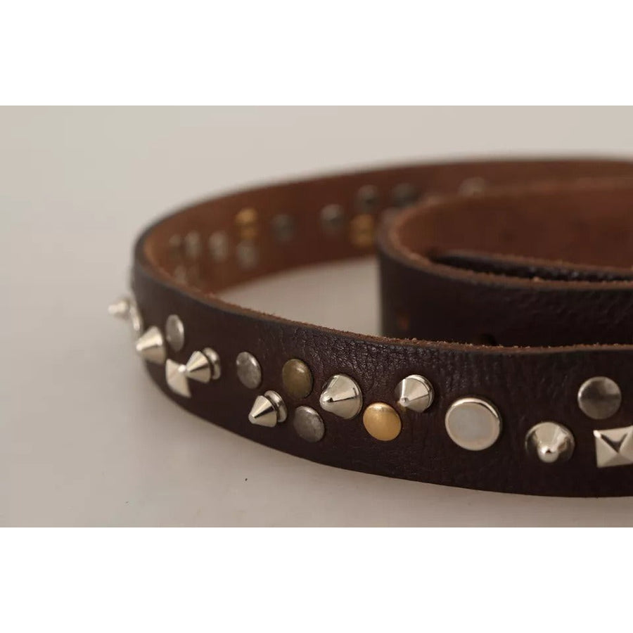 Dolce & Gabbana Brown Leather Studded Silver Metal Buckle Belt