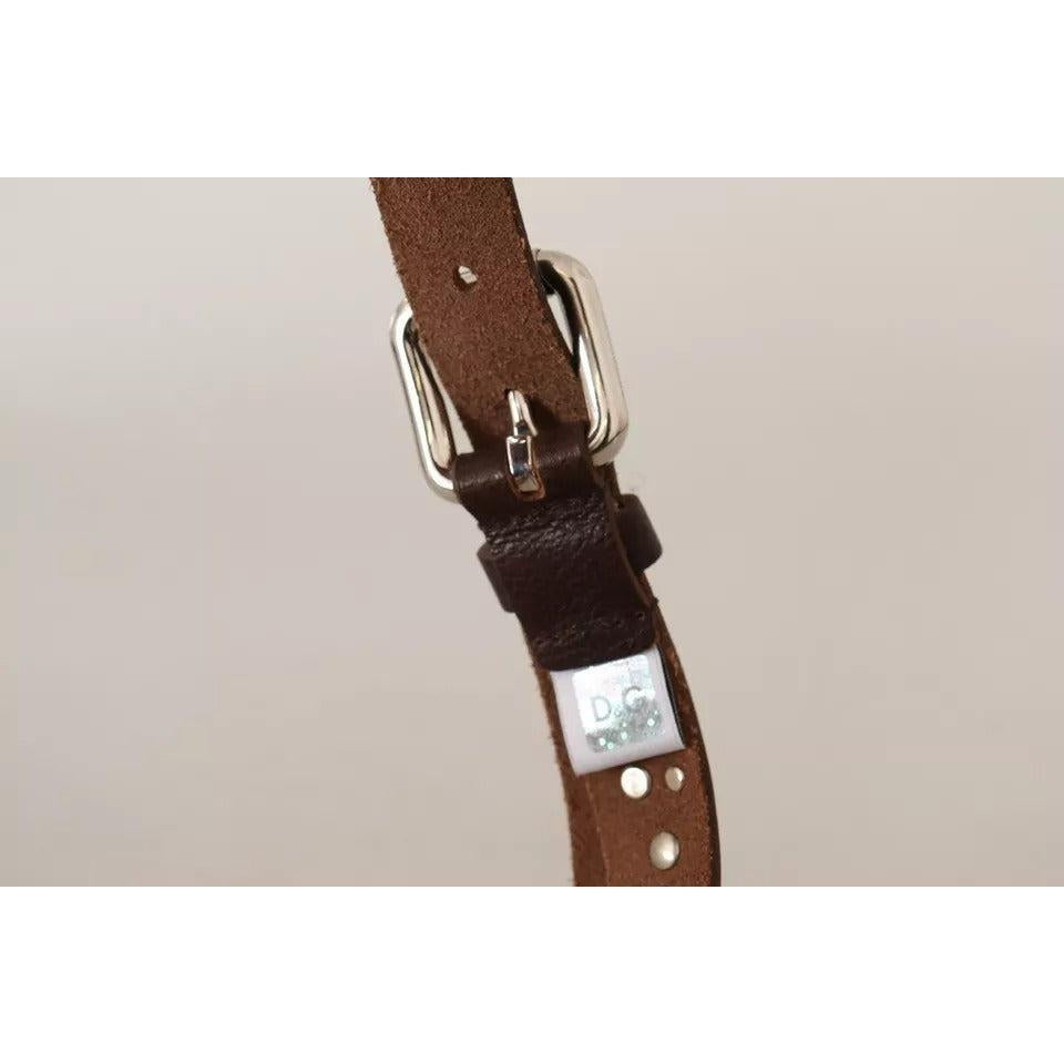 Dolce &amp; Gabbana Brown Leather Studded Silver Metal Buckle Belt