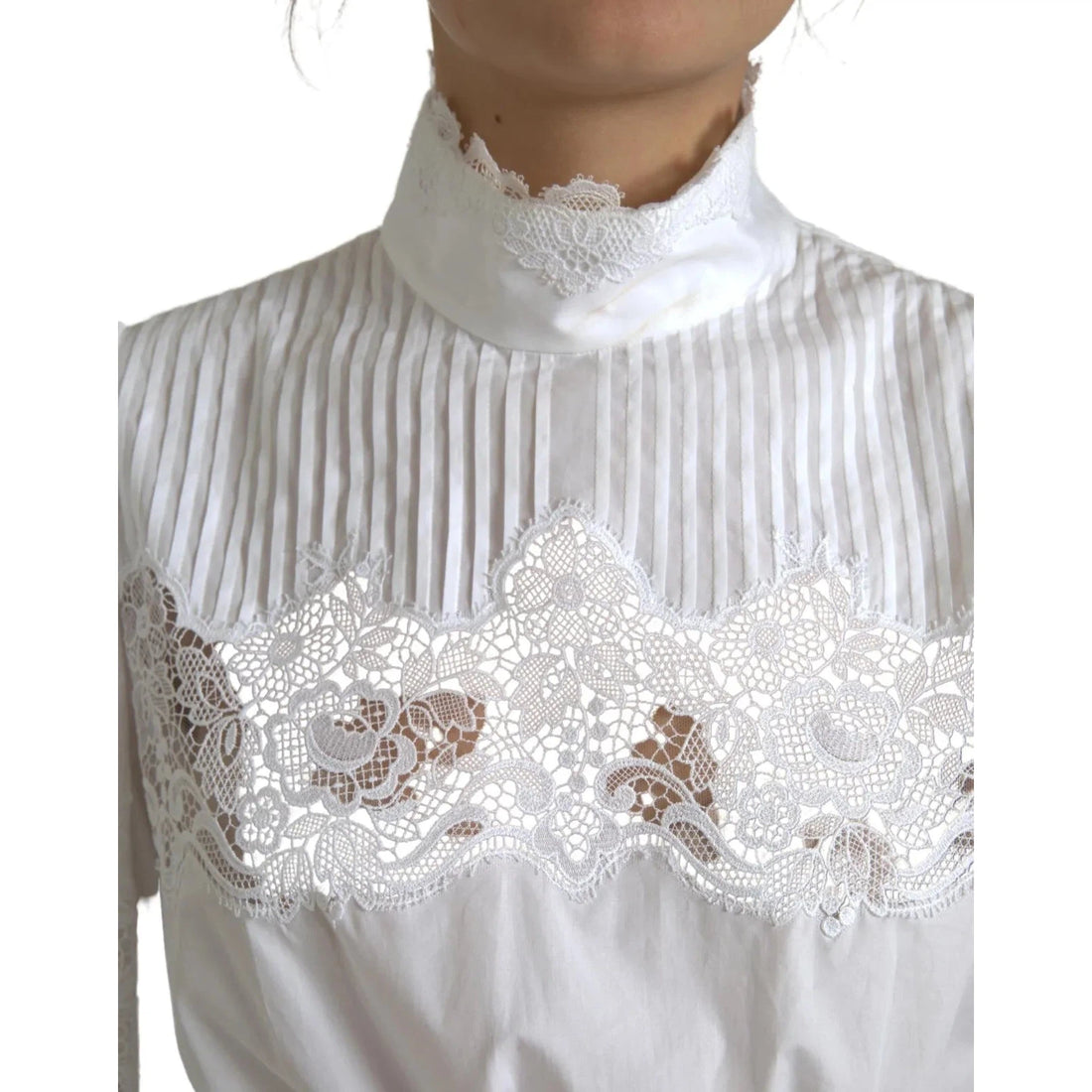 Dolce & Gabbana White Cotton Lace Trim Turtle Neck Top Blouse