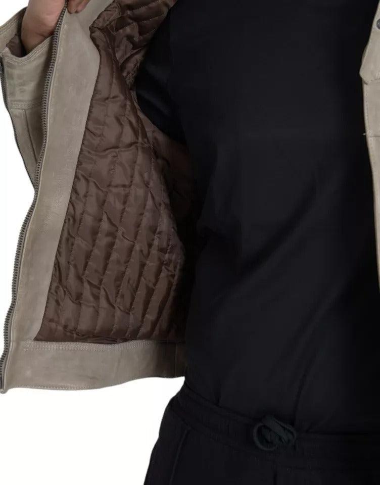 Dolce &amp; Gabbana Beige Leather Full Zip Biker Coat Jacket