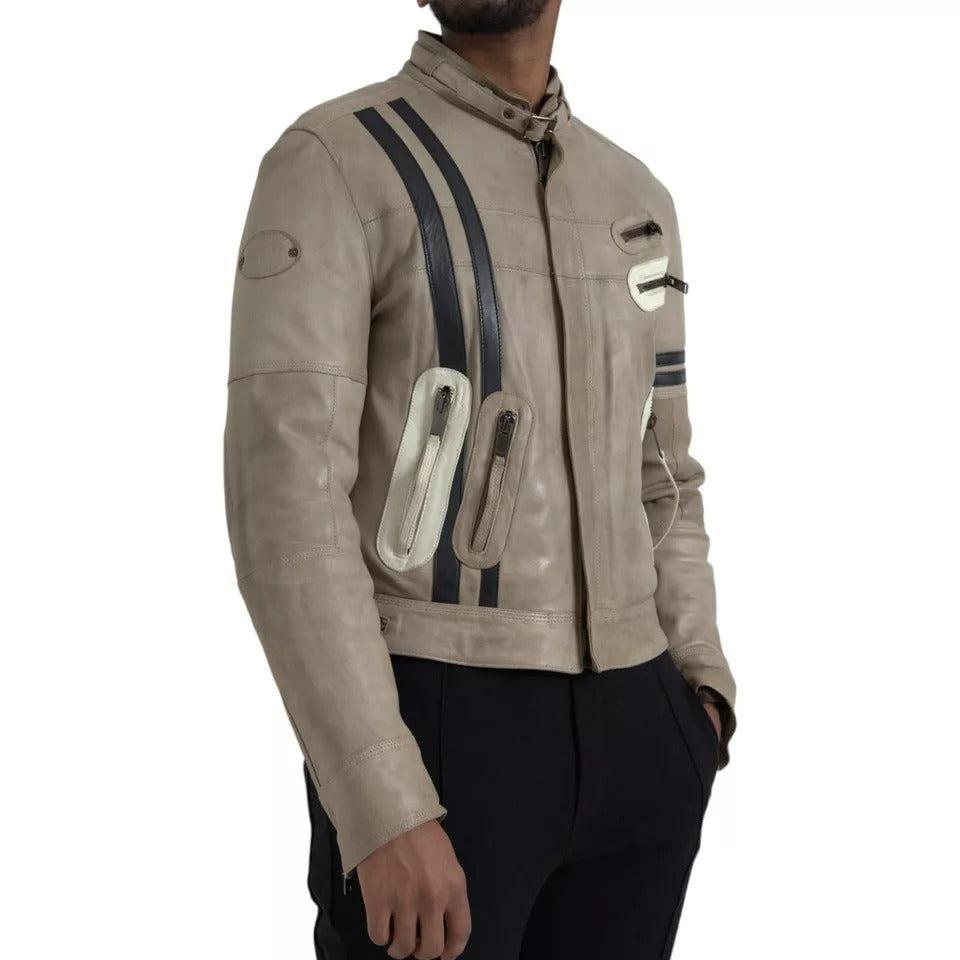 Dolce &amp; Gabbana Beige Leather Full Zip Biker Coat Jacket