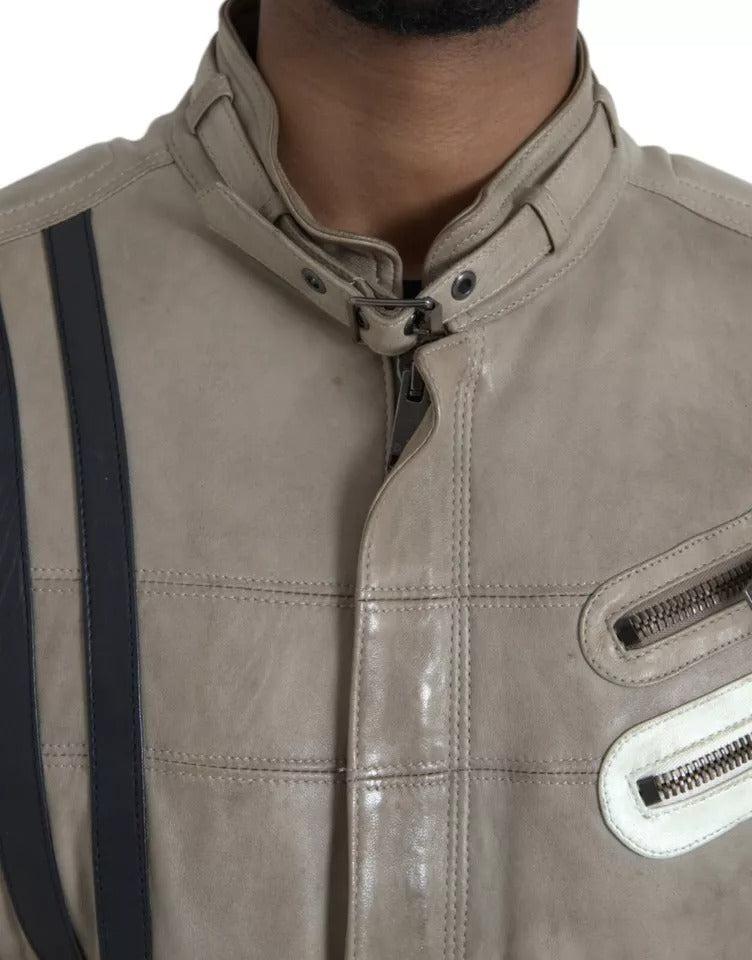 Dolce &amp; Gabbana Beige Leather Full Zip Biker Coat Jacket