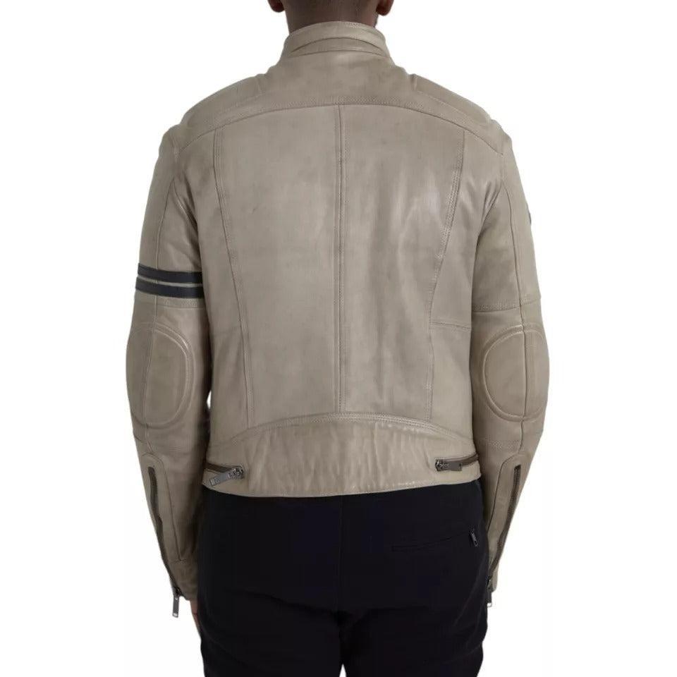 Dolce &amp; Gabbana Beige Leather Full Zip Biker Coat Jacket