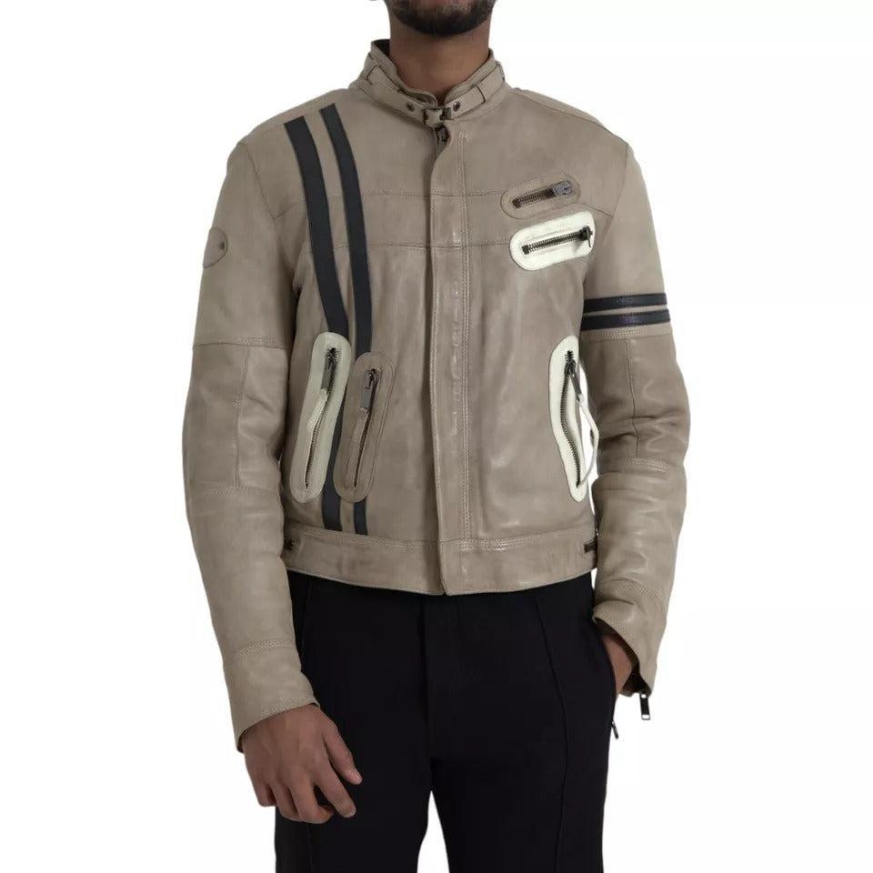 Dolce &amp; Gabbana Beige Leather Full Zip Biker Coat Jacket