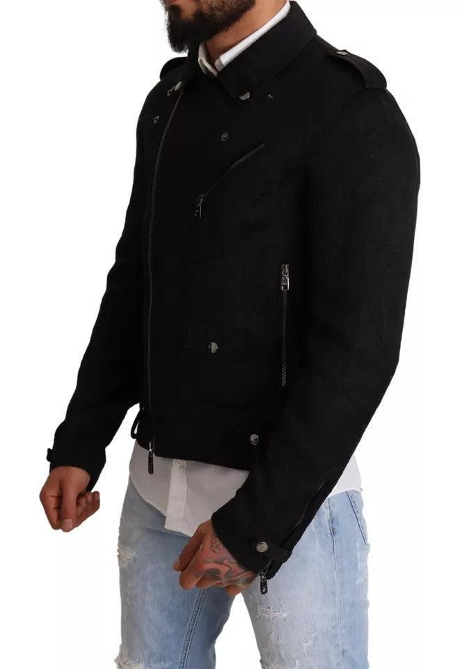 Dolce &amp; Gabbana Black Brocade Full Zip Biker Coat Jacket