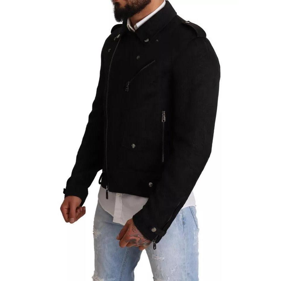 Dolce &amp; Gabbana Black Brocade Full Zip Biker Coat Jacket