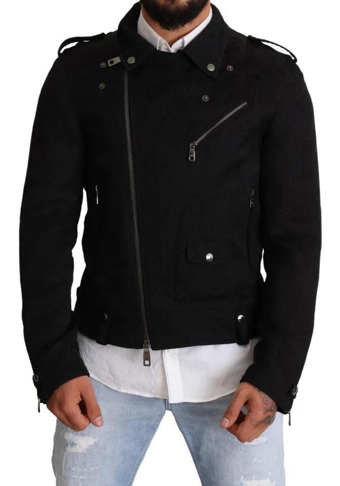 Dolce &amp; Gabbana Black Brocade Full Zip Biker Coat Jacket