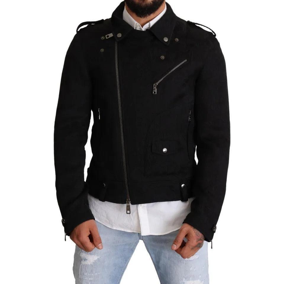 Dolce &amp; Gabbana Black Brocade Full Zip Biker Coat Jacket