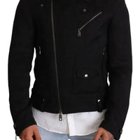 Dolce & Gabbana Black Brocade Full Zip Biker Coat Jacket