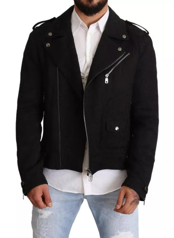 Dolce & Gabbana Black Brocade Full Zip Biker Coat Jacket