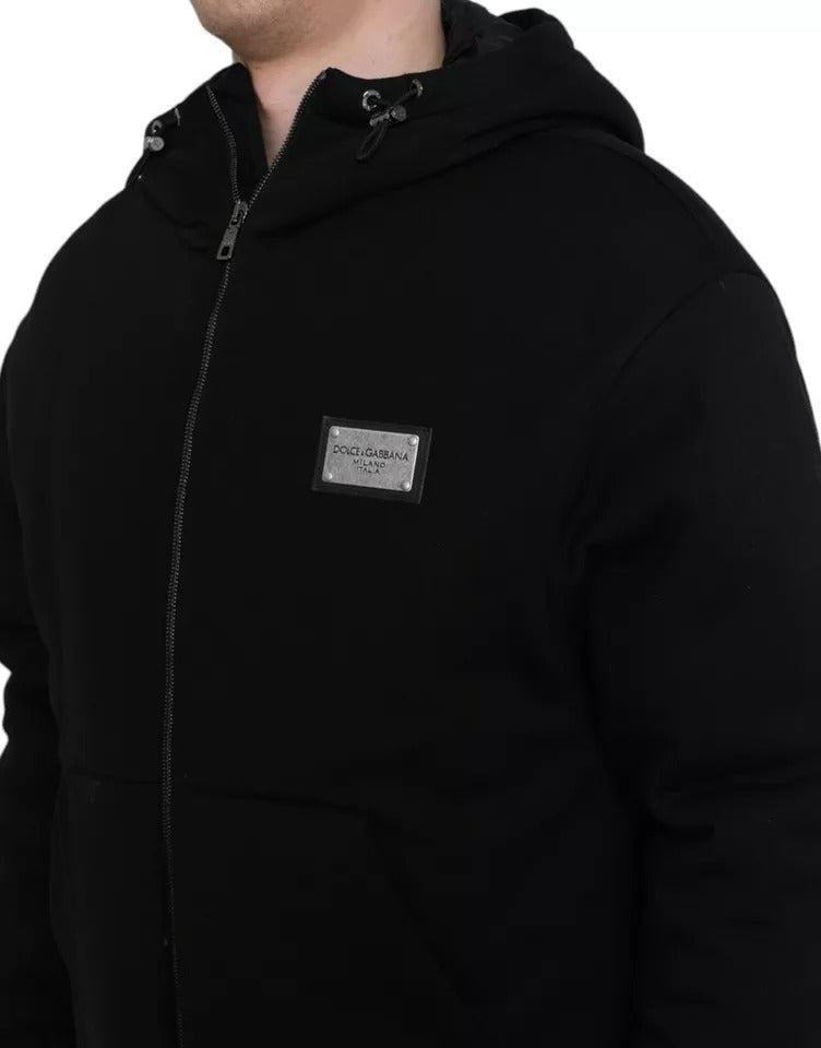 Dolce &amp; Gabbana Black Cotton Hooded Logo Bomber Jacket