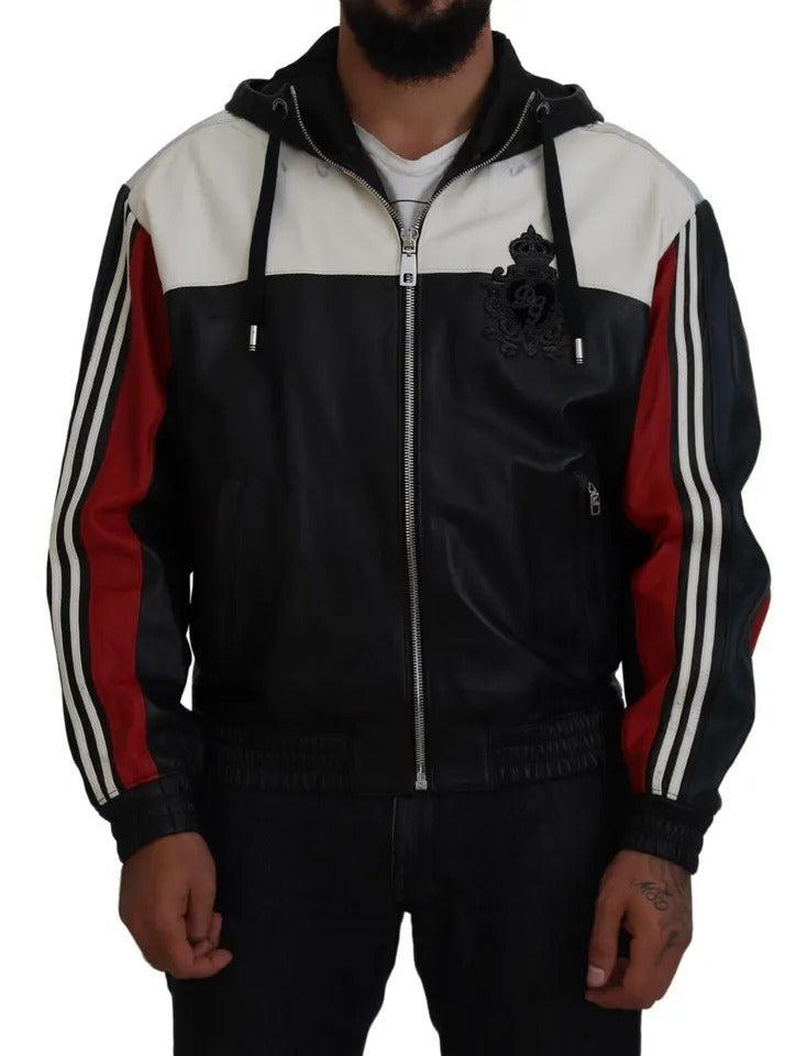 Dolce &amp; Gabbana Black Leather Hooded Blouson Coat Jacket