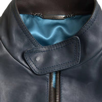 Dolce & Gabbana Blue Leather Full Zip Biker Blouson Jacket