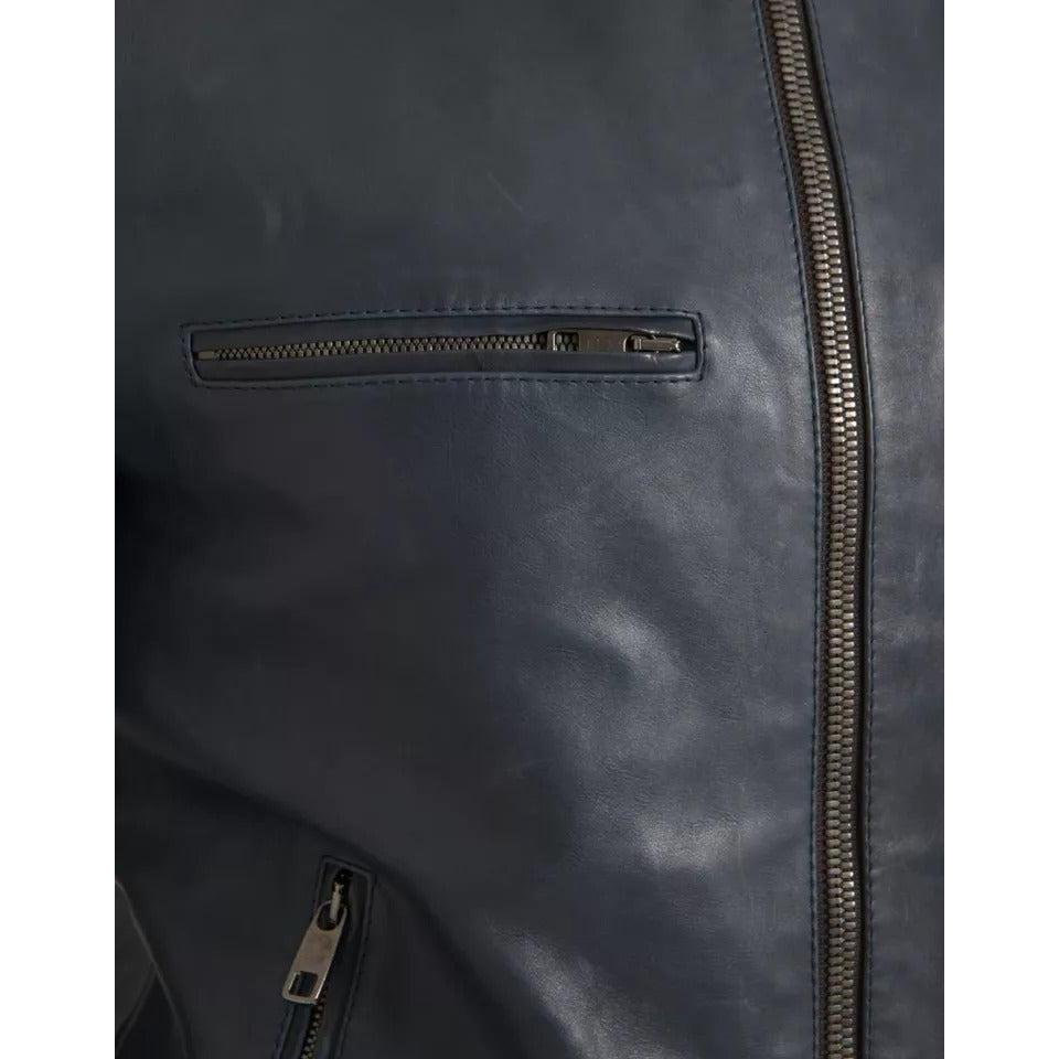Dolce &amp; Gabbana Blue Leather Full Zip Biker Blouson Jacket