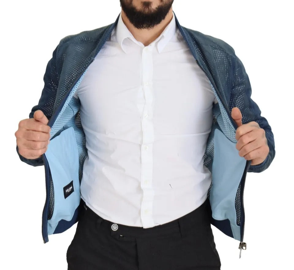 Dolce & Gabbana Blue Leather Perforated Full Zip Jacket