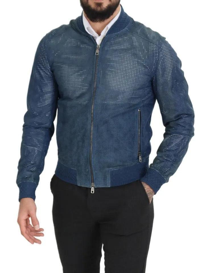 Dolce &amp; Gabbana Blue Leather Perforated Full Zip Jacket