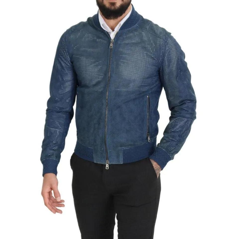 Dolce &amp; Gabbana Blue Leather Perforated Full Zip Jacket