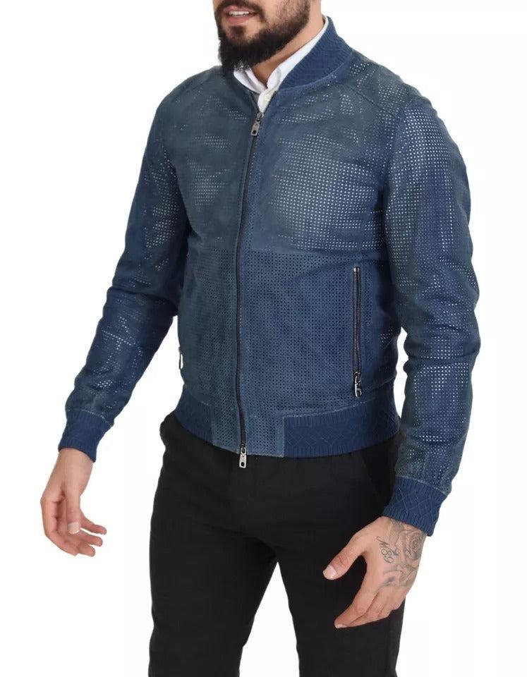 Dolce &amp; Gabbana Blue Leather Perforated Full Zip Jacket