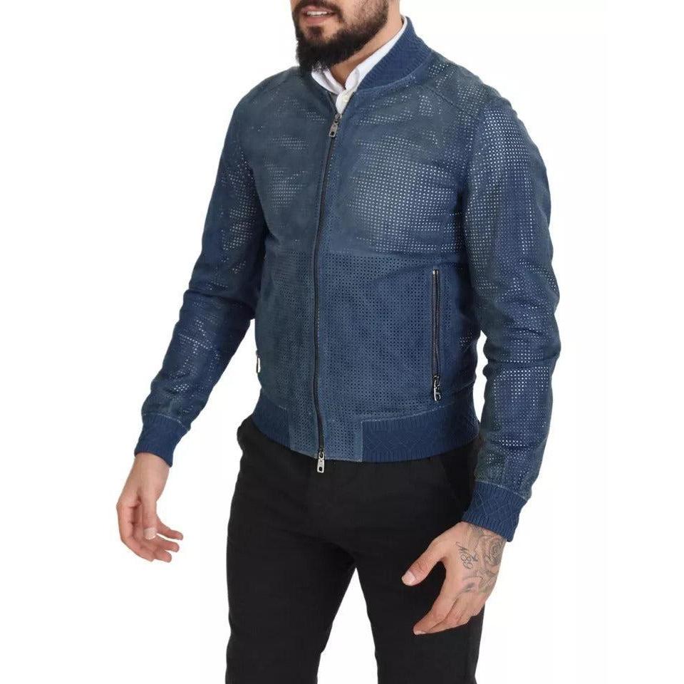 Dolce &amp; Gabbana Blue Leather Perforated Full Zip Jacket