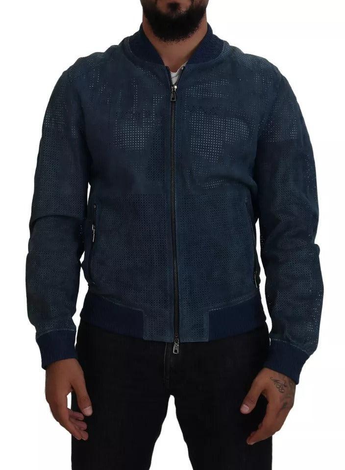 Dolce &amp; Gabbana Blue Leather Perforated Full Zip Jacket