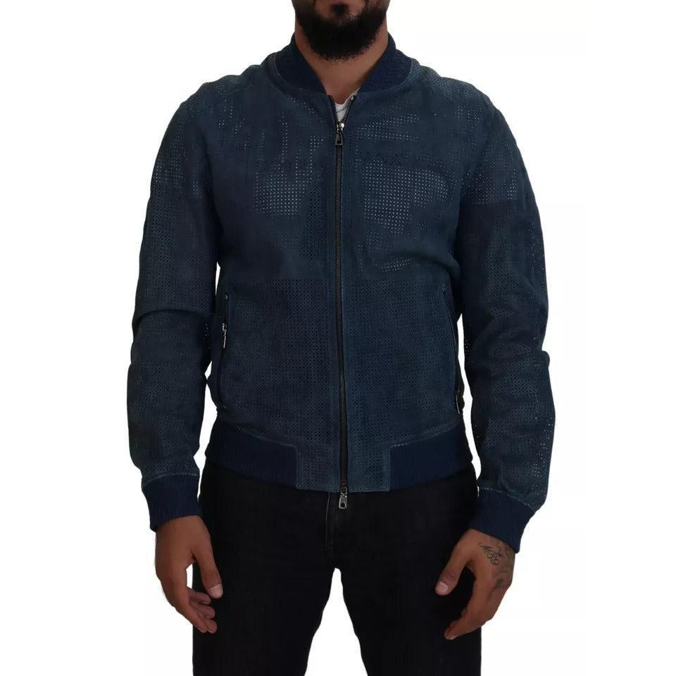 Dolce &amp; Gabbana Blue Leather Perforated Full Zip Jacket