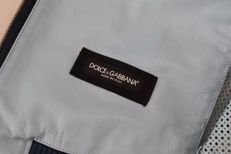 Dolce &amp; Gabbana Blue Leather Perforated Full Zip Jacket