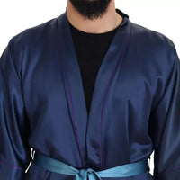 Dolce & Gabbana Blue Satin Silk Waist Belt Robe Jacket