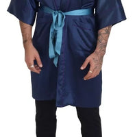 Dolce & Gabbana Blue Satin Silk Waist Belt Robe Jacket