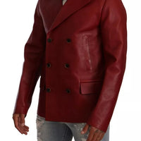 Dolce & Gabbana Red Double Breasted Leather Coat Jacket