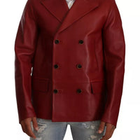 Dolce & Gabbana Red Double Breasted Leather Coat Jacket