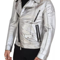 Dolce & Gabbana Silver Leather Biker Coat Lambskin Jacket