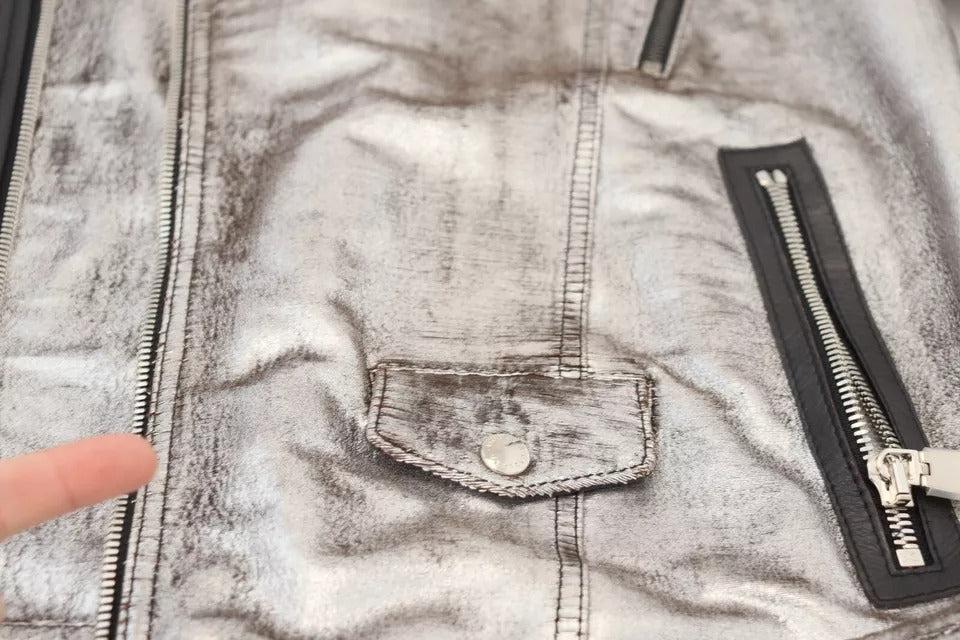 Dolce &amp; Gabbana Silver Leather Biker Coat Lambskin Jacket