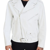 Dolce & Gabbana White Leather Biker Coat Zipper Jacket