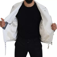 Dolce & Gabbana White Leather Biker Coat Zipper Jacket