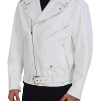 Dolce & Gabbana White Leather Biker Coat Zipper Jacket