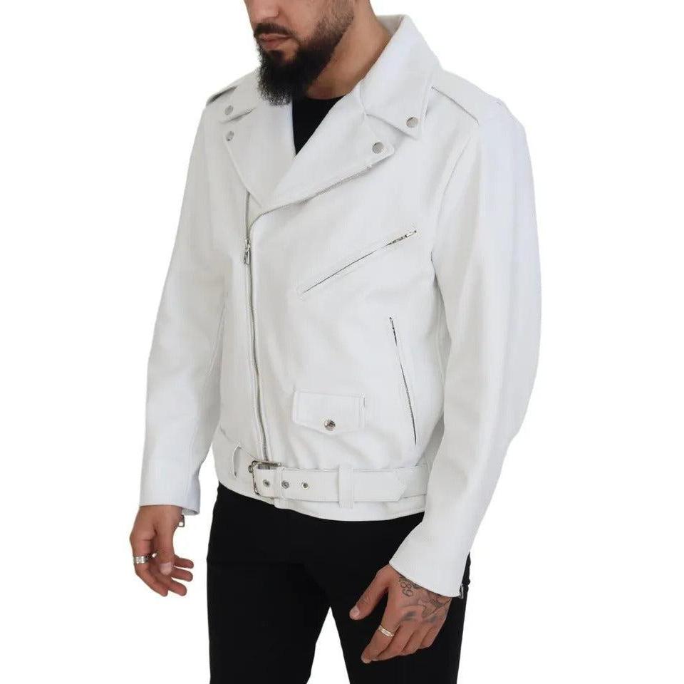 Dolce &amp; Gabbana White Leather Biker Coat Zipper Jacket