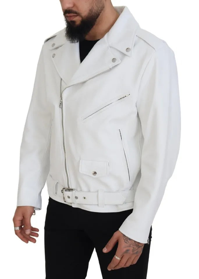 Dolce & Gabbana White Leather Biker Coat Zipper Jacket