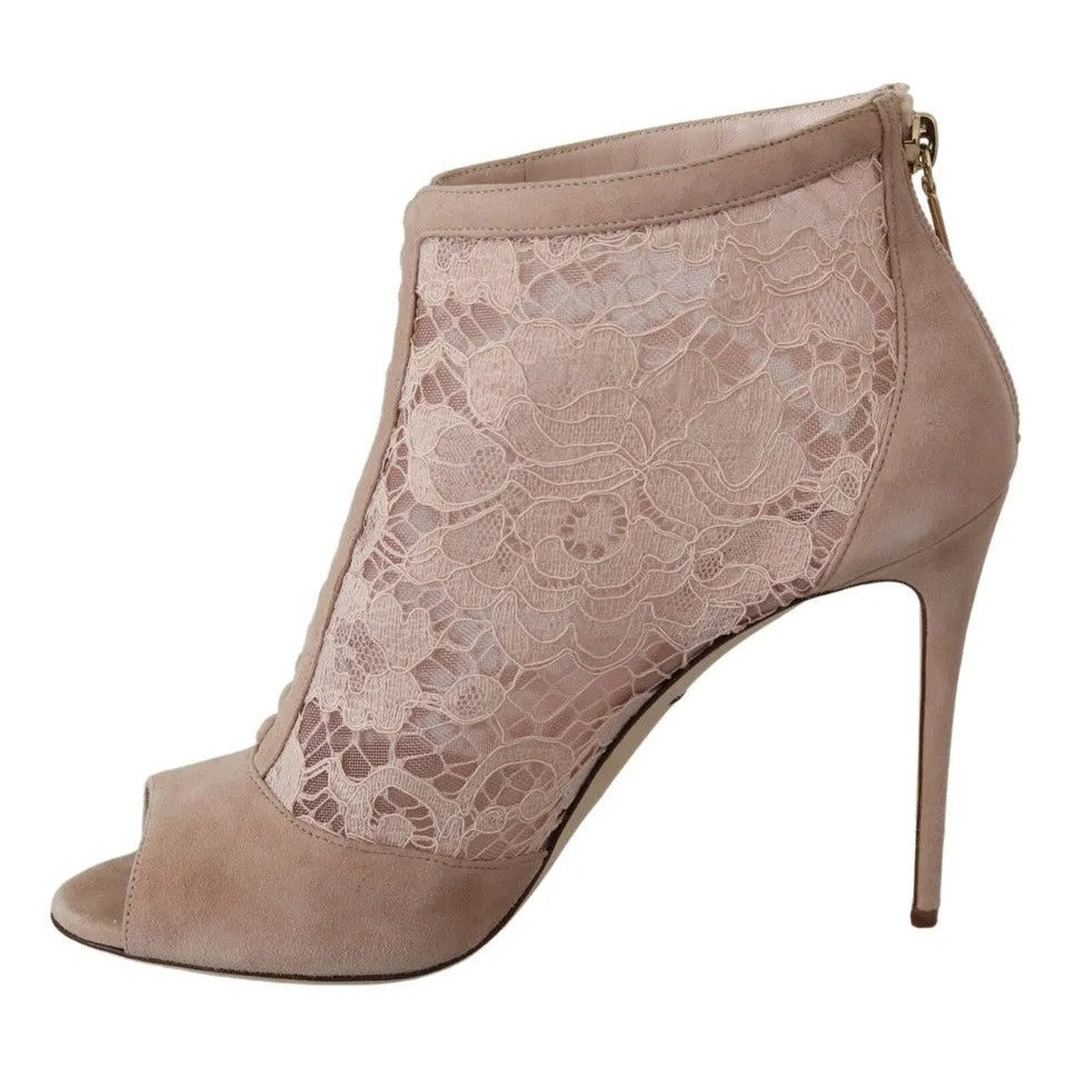 Dolce & Gabbana Beige Lace Suede Peep Toe Ankle Boots Shoes