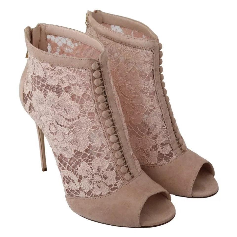 Dolce &amp; Gabbana Beige Lace Suede Peep Toe Ankle Boots Shoes