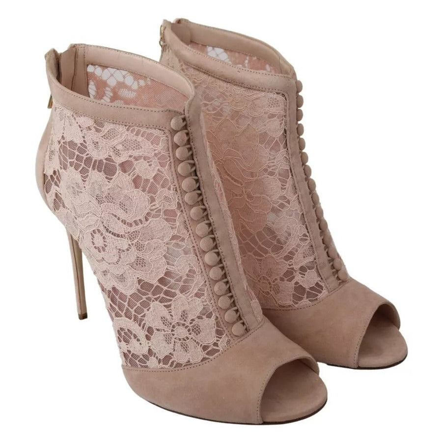 Dolce & Gabbana Beige Lace Suede Peep Toe Ankle Boots Shoes